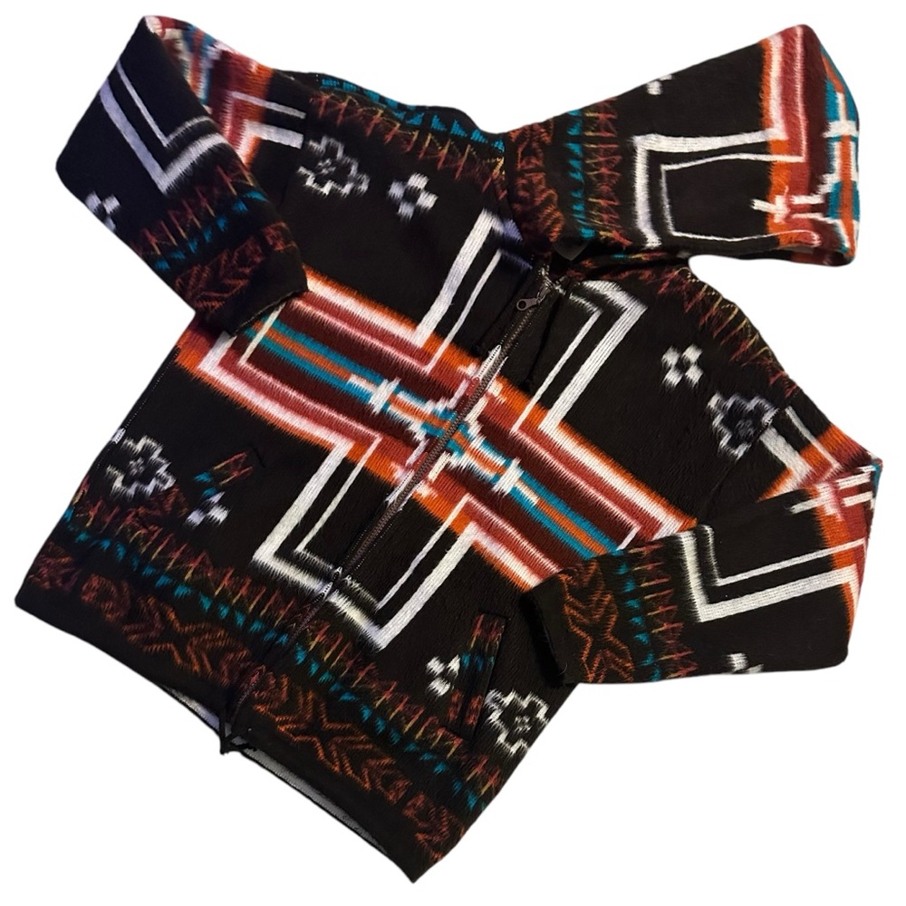 Vintage Earth Ragz Mens Hoodie Full Zip Aztec Wool Blend Handmade Black S